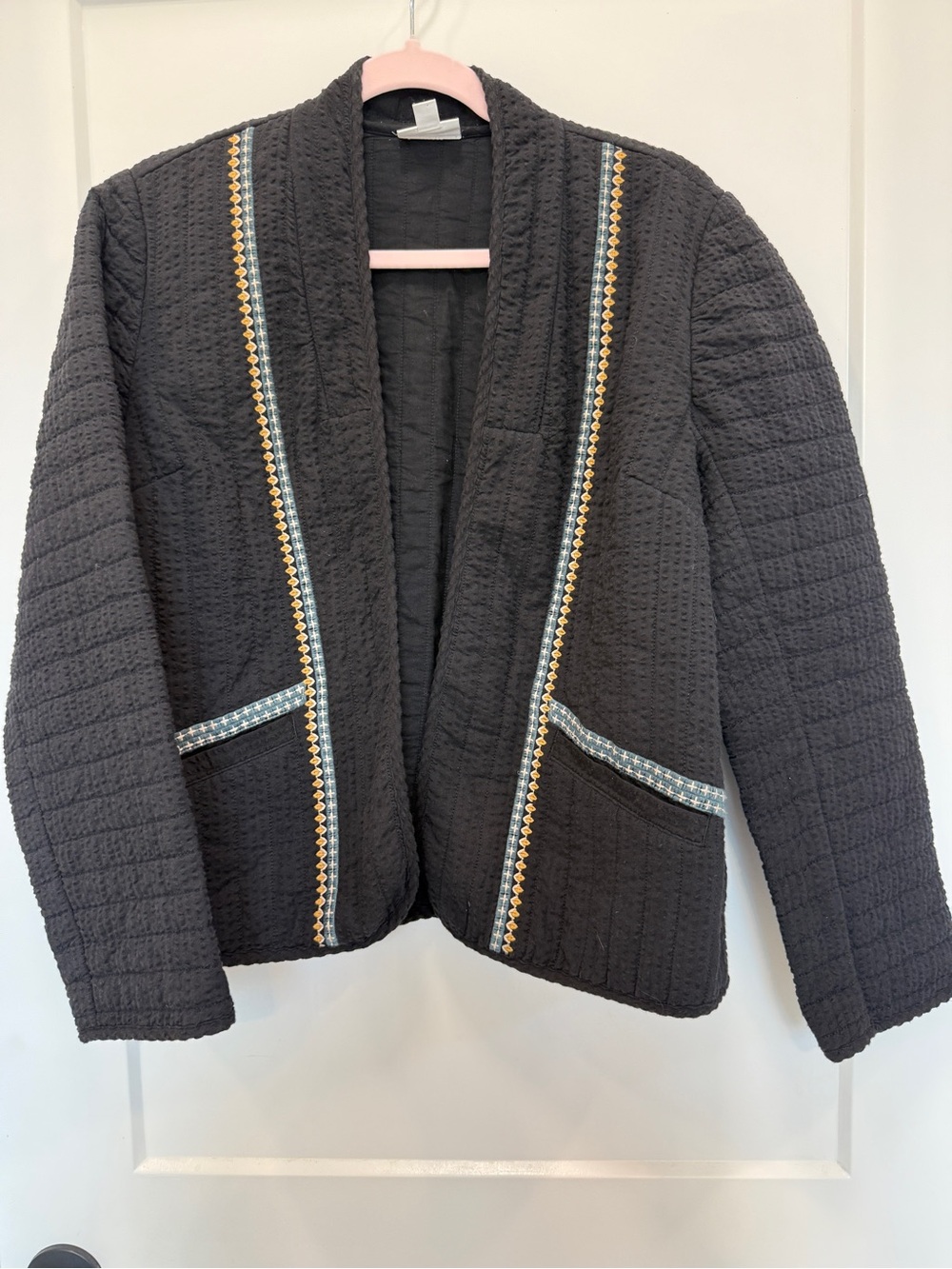 EUC Pure Jill Black Quilted Open-Front Women's Jacket with Trim